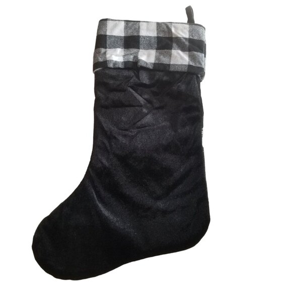 Poodle Dog Christmas Stocking Black Velour Furry Christmas Buffalo Plaid Cuff - Picture 5 of 7